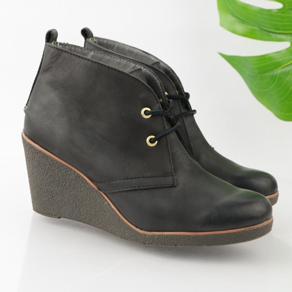 Sperry Women's Harlow Boot Size 10 Wedge Heel Lace Up Black Leather Boho Bootie - Picture 1 of 12